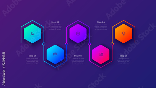 5 Step Process Infographic Vertical Hexagon Flow Diagram with Connected Sequential Blocks