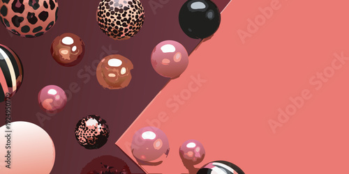 Abstract arrangement of colorful patterned spheres and geometric shapes