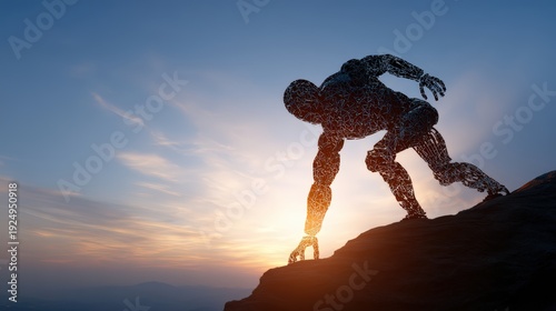 A futuristic humanoid robot poses on a rocky peak at sunrise, strength and technological advancement, goals reached, success at sight with AI