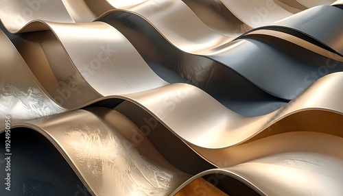 Abstract, undulating ribbons of gold and silver with a smooth, glossy texture and depth