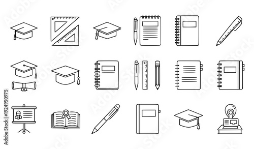 Education Graphic Icons – Graduation Cap, Ruler, and Pen Vector Illustration
