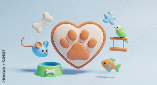 Colorful 3d pet love concept with heart shaped paw print surrounded by animals and pet bowl on blue background
