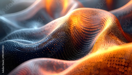 Abstract, wavy, glowing forms created from light and particles in shades of blue and orange