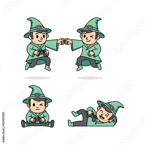 Cartoon wizard character in various dynamic poses with magical gestures