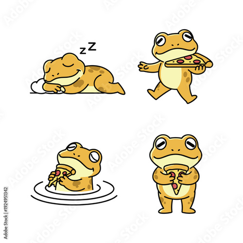 Cartoon frog eating and sleeping with humorous expressions