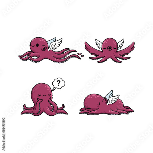 Cute cartoon octopus with wings in different emotional states on white background