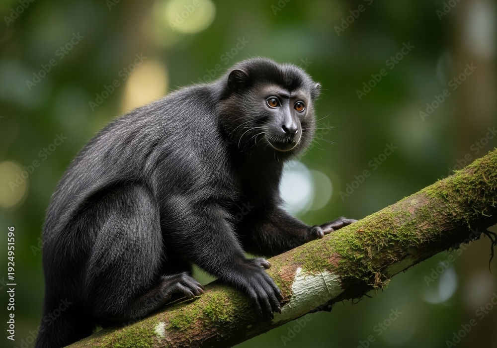 Obraz premium Javan lutung with dark black fur sitting on a tree branch in tropical rainforest of Indonesia. Endemic primate species captured in natural habitat with soft jungle lighting and detailed texture