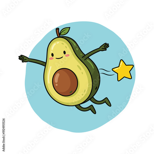 Cartoon Avocado Character Jumping with Joy and Star on Blue Background