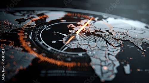 A futuristic digital world map with glowing orange details and a compass pointing to a location, navigation and global connectivity, goals reached, success at sight with AI