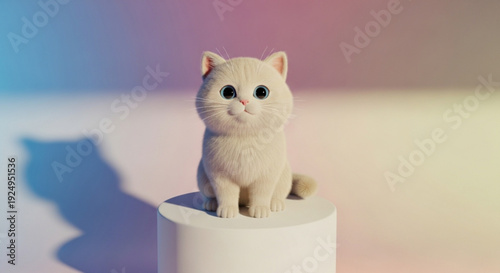 Small white cat figurine sitting on cylindrical pedestal with colorful background and shadow