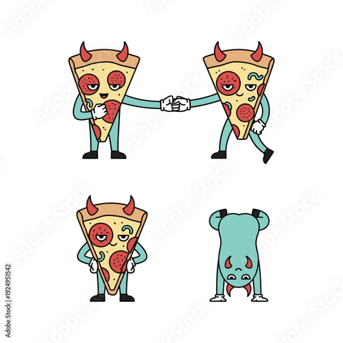 Cartoon pizza slices with human-like features shaking hands with copy space