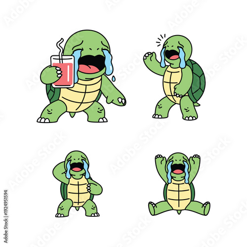 Cartoon turtle crying with coffee cup in various emotional poses