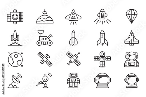 Space and Astronomy Line Icons for Rocket and Satellite Design