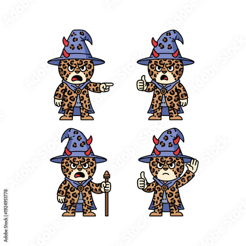 Cheetah wizard character set with different gestures and expressions in a cartoon style