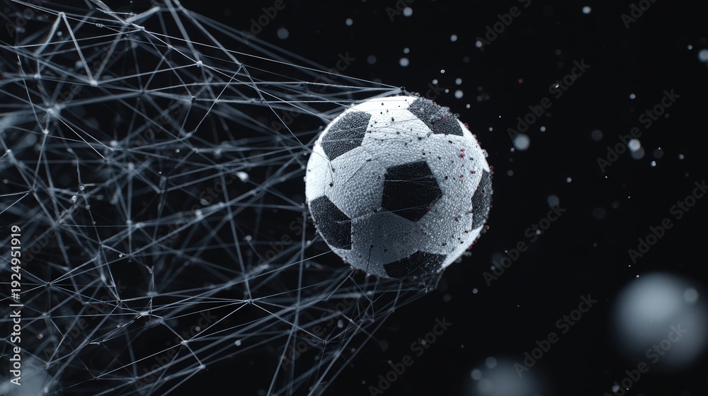 Naklejka premium A digital soccer ball made of interconnected particles and lines, technology and data in sports, goals reached, success at sight with AI