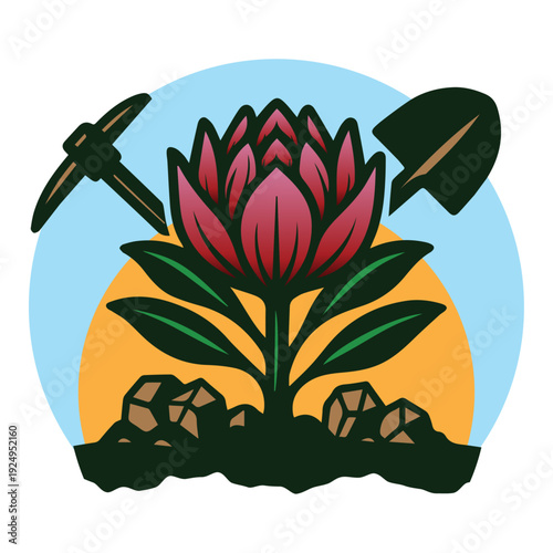 Mining and Nature Concept Logo - Flower Growing from Soil with Pickaxe and Shovel Vector Illustration