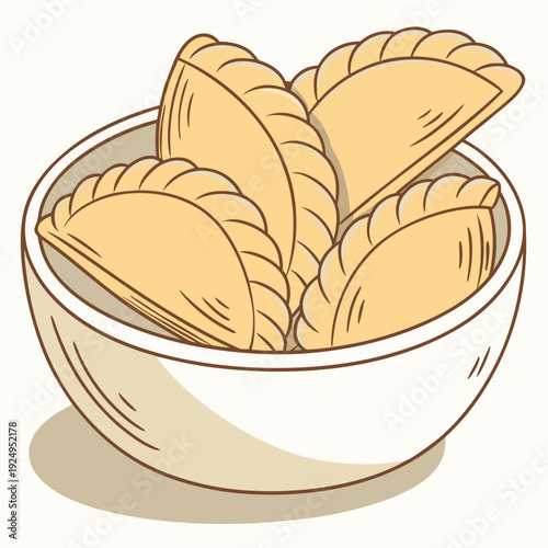 A distinct braided or crimped edge, characteristic of snacks like curry puffs, empanadas, or pierogies. The artwork uses a warm, neutral color palette with simple line art and soft shading.