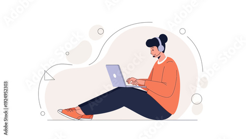 Young person with headphones working on a laptop, modern flat illustration
