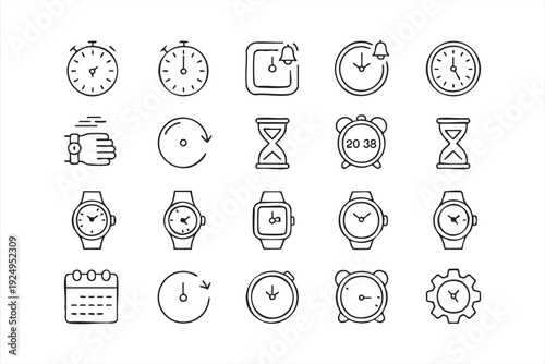 Outline clock and timer icon collection for productivity dashboards, planning tools and digital interfaces