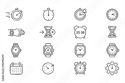 Minimal time management line icon set with clocks, stopwatch and scheduling symbols for UI and app design