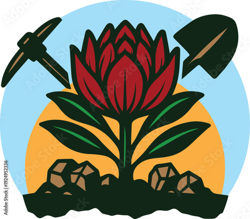 Mining and Nature Concept Logo - Flower Growing from Soil with Pickaxe and Shovel Vector Illustration