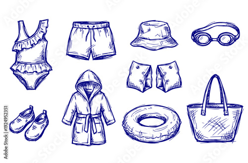Children's Swimwear Beach Accessories Swimsuits Shorts Hat Set 8 Chaotic Ink Sketch Goggles Float-Kids Beachwear Forms Vector Set