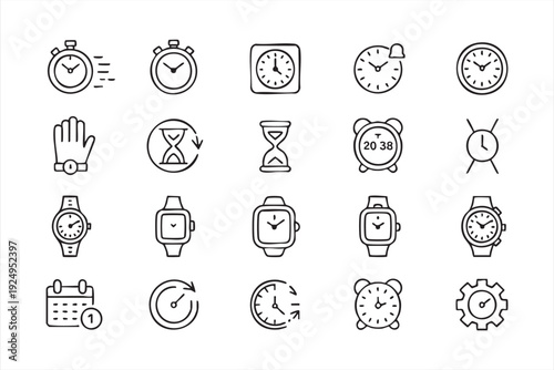 Time tracking and scheduling line icons featuring stopwatch, alarm clock, watch and calendar symbols