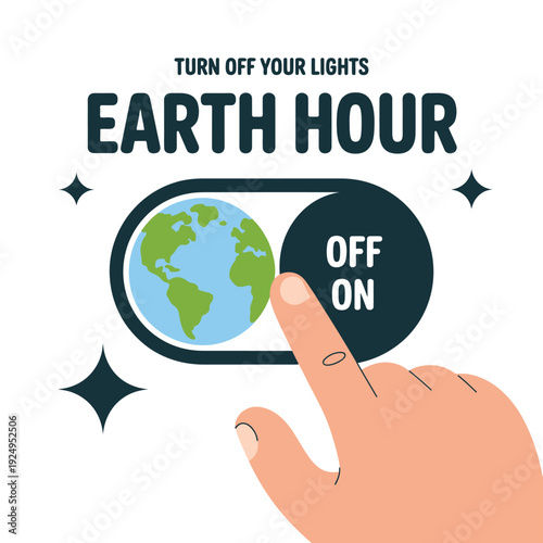 Illustrative poster encouraging participation in earth hour by turning off lights isolated on white background, Vector, illustration