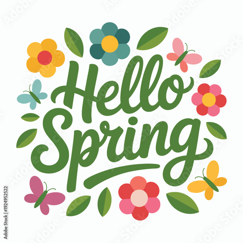 Colorful floral greeting celebrating the arrival of spring with cheerful butterflies isolated on white background, Vector, illustration