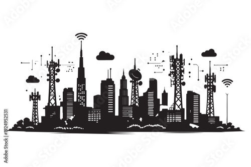 Future City Skyline Silhouette, Vector Illustration, Isolated on White Background
