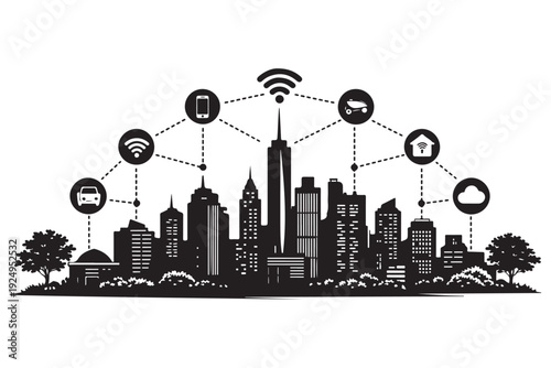 Urban Mobility System Silhouette, Vector Illustration, Isolated on White Background