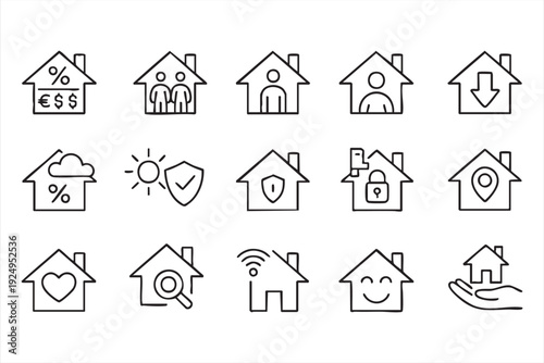 Minimal real estate line icon set with home, mortgage, security and smart housing symbols for UI design