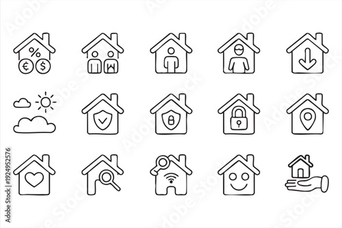 Smart home and real estate line icons featuring security, location and investment concepts