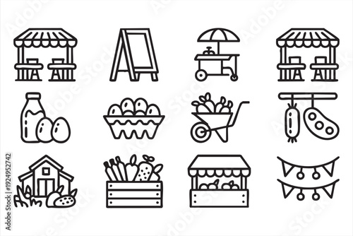 Local market and organic food outline icon set for retail apps and culinary design projects