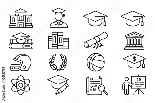 Education and university line icons featuring diploma, student and achievement concepts