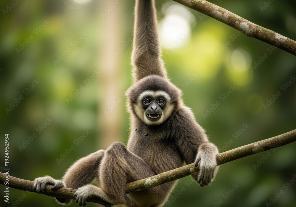 Obraz premium Javan gibbon swinging through tropical rainforest canopy in Indonesia. Rare and endangered primate species captured in natural habitat, representing biodiversity conservation and forest protection