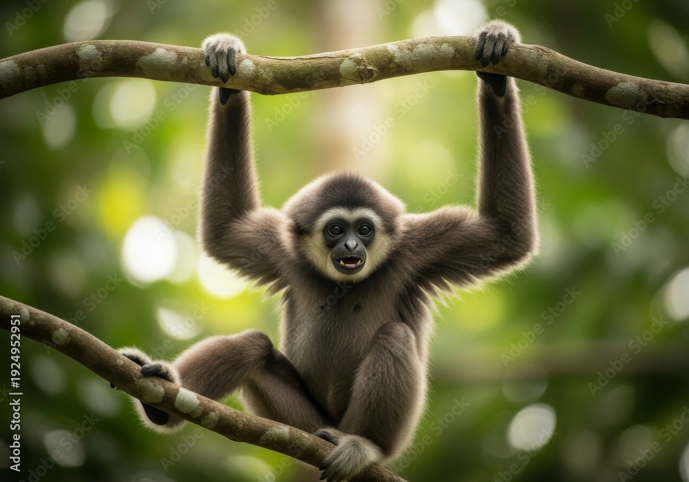 Fototapeta premium Javan gibbon swinging through tropical rainforest canopy in Indonesia. Rare and endangered primate species captured in natural habitat, representing biodiversity conservation and forest protection