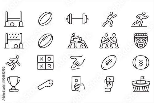 Rugby game and competition line icons featuring referee, tactics and trophy symbols
