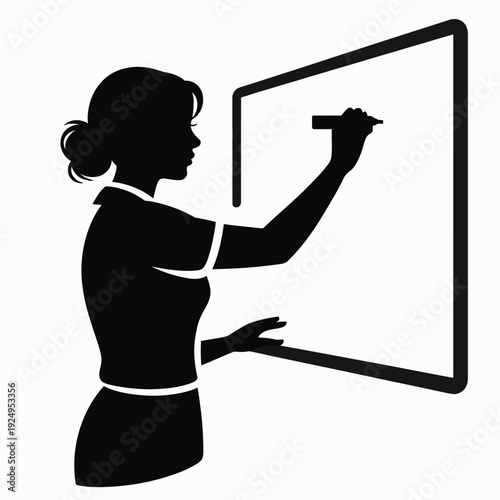 Professional woman teaching with a marker on a large whiteboard isolated on white background, Vector, illustration