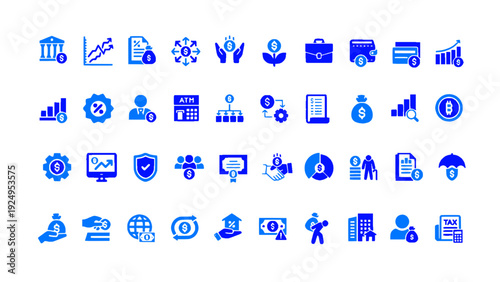 Flat style blue business administration icon collection featuring leadership, analytics, reporting, target goals, workflow management, and corporate planning elements.