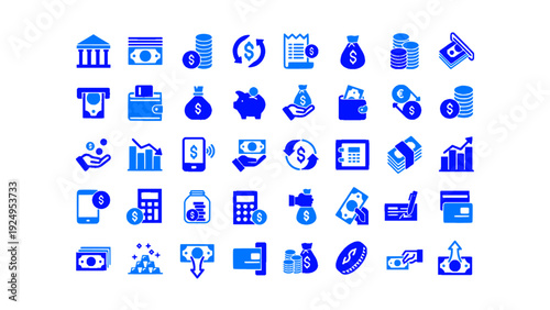 Modern blue financial services and investment icon set. Includes stock market, digital banking, budgeting, tax, insurance, and payment technology symbols.