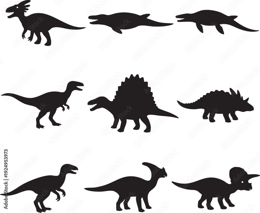 Obraz premium An array of silhouetted dinosaurs on display, presenting a collection of prehistoric creatures in a simplistic and artistic manner. 