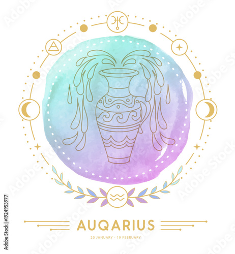 Modern magic witchcraft card with astrology Aquarius zodiac sign characteristic on watercolor background. Vector illustration