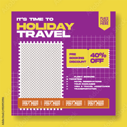 Retro vintage style travel agency social media post template, holiday vacation promo, summer tour package advertising, hotel resort booking, tourism promotion, square flyer poster design.