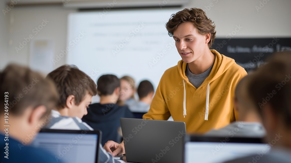 Fototapeta premium Interactive computer science lecture with students actively solving programming puzzles, equipped with laptops and enthusiasm for technology. A well-lit classroom atmosphere featuring colorful