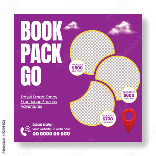 Social Media Post Template for Travel Agency Promotions, Holiday Vacation Tours, Summer Packages, Study Abroad Programs, Hotel Resort Booking, Tour Packages, Advertising Design, Square Flyer Poster