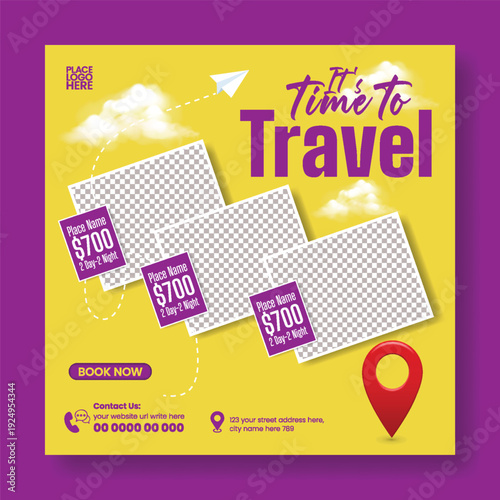 Travel Agency Social Media Post Template Design for Summer Holiday Vacation, Study Abroad, Hotel Resort Booking, Tour Packages, Promo Banner, Square Flyer Poster Advertising and Tourism Promotion
