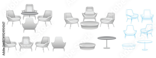 set of realistic trade exhibition chair and table or white blank exhibition kiosk or stand booth corporate commercial. Eps Vector
