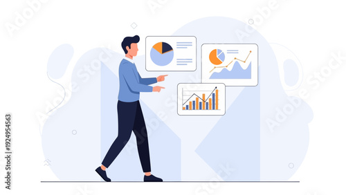 Man analyzing business data charts and graphs on screens, concept of analytics