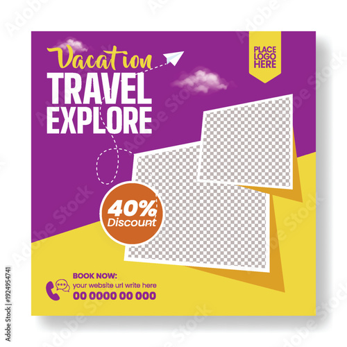 Travel Agency Social Media Post Template for Promo Advertising, Summer Holiday Vacation Tours, Hotel Resort Booking, Study Abroad Promotion, Tourism Packages, Square Flyer Poster, Marketing Design